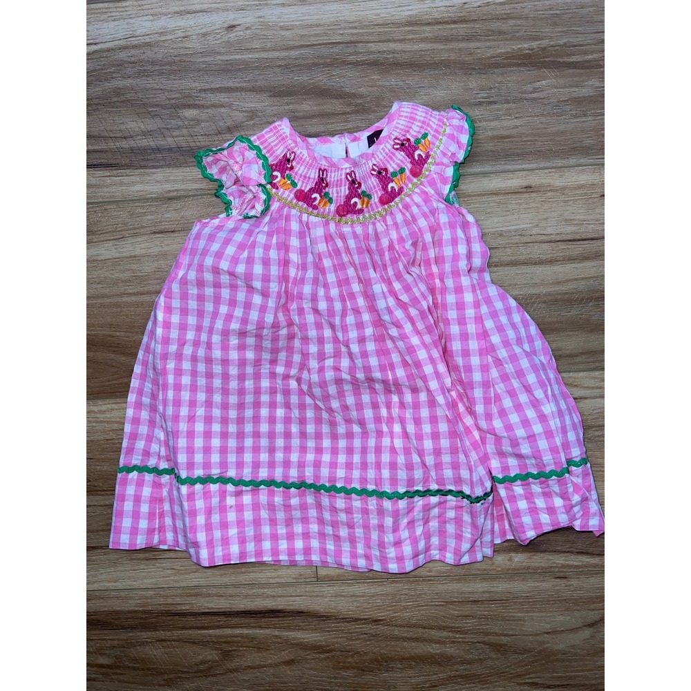 Lil Cactus Smocked Dress Baby Girls 6-12M Pink Gingham Easter Bunny Ric Rac